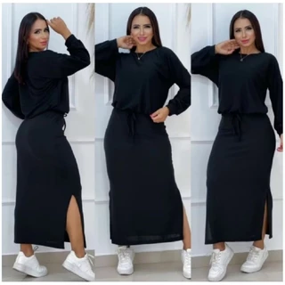 Conjunto Feminino Outono Inverno Blusa Cropped e Saia Midi Lanzinha