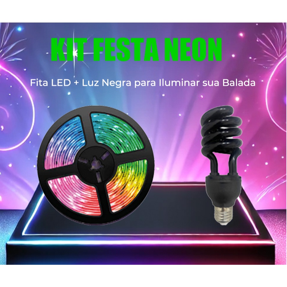 Kit Fita LED 2835 RGB 5m IP65 + Luz Negra Neon Lâmpada Led Festa Balada ...