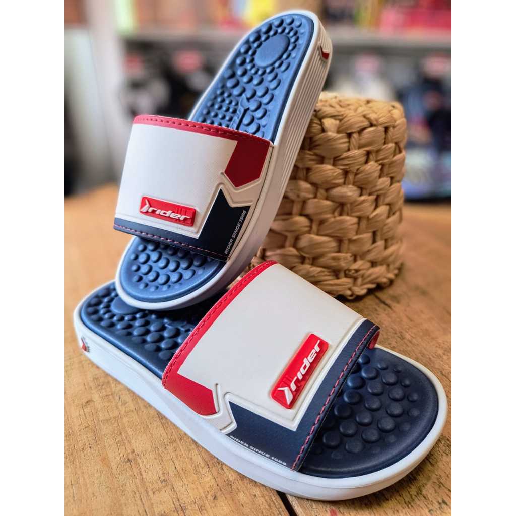 Chinelo Slide Pump II Rider branco,azul e vermelho | Shopee Brasil