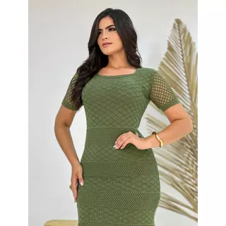 Vestido Feminino Midi de Malha Trico Escama com Barra Renda Imagine Tricot