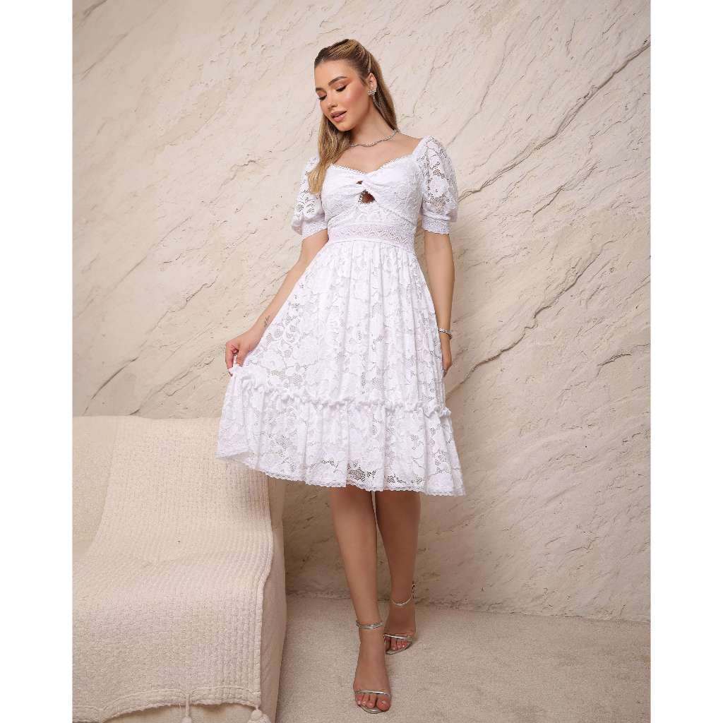 Vestido Noiva Civil Midi Rodado Manga em Renda Casamento Batizado