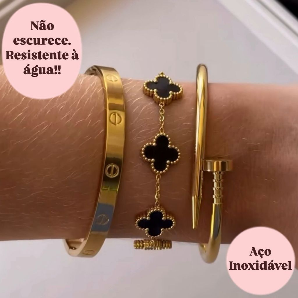 Conjunto 3 Braceletes Aço inoxidável Dourado Acessórios Femininos ...