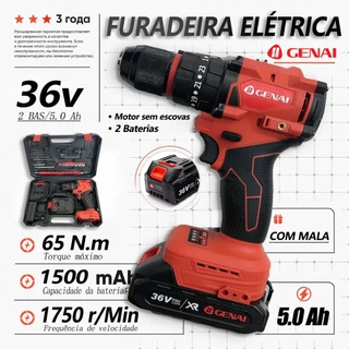Brushless Furadeira Parafusadeira 3/8" a bateria 36V Com Impacto Profissional 1750r/min 65N.m Broca Bits Maleta