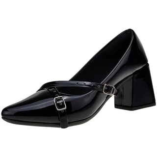 Scarpin Feminino Salto Quadrado Saltinho Bico Fino Alongado Shekinah Tiras Fivela Confortável