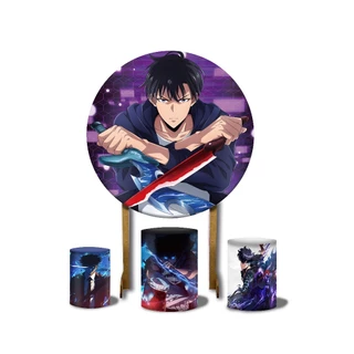 Painel Festa Solo Leveling Redondo 1,5x1,5m 3 Capas Cilindro Kit Sung Jinwoo