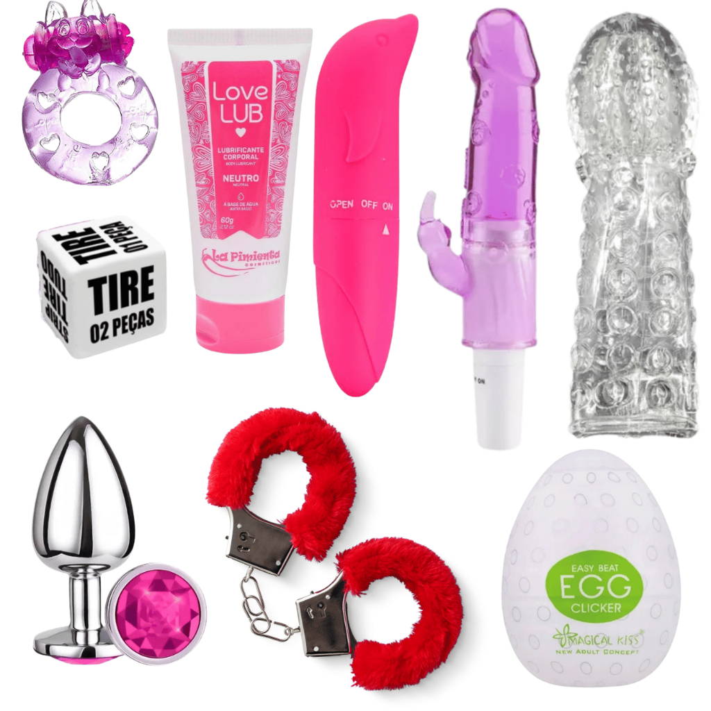 Kit Sex Shop Vibrador Feminino 9 Itens Algema Golfinho Anel