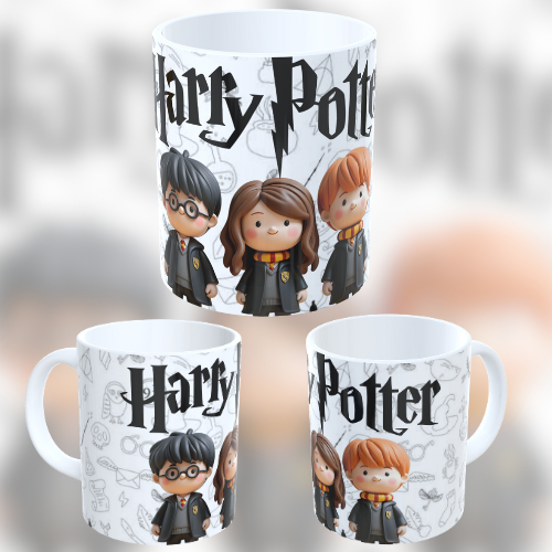 Caneca Xicara Harry Potter Chibi 325ml Harry Ron e Hermione Cerâmica e ...