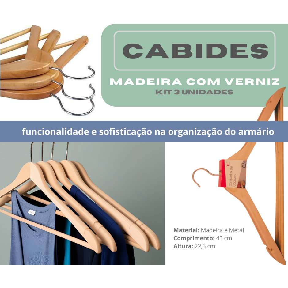 Cabides de roupas de Madeira com Verniz reforçado resistente Kit 3 ...
