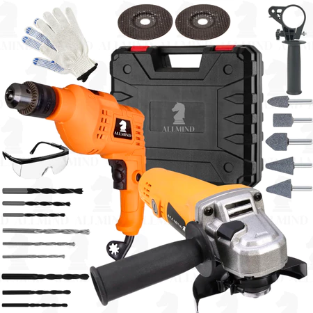 Kit Lixadeira Esmerilhadeira Angular Furadeira de Impacto 10mm e Maleta de Transporte Com Acessórios