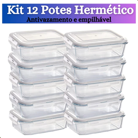 Kit até 12 pote de vidro hermético com tampa antivazamento 370 ml, 600, 1040 ml marmita papinha