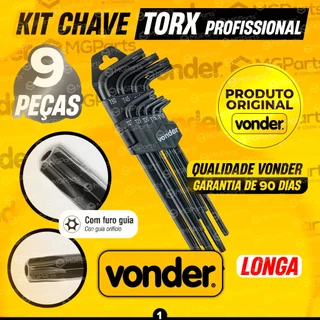 Jogo de Chaves Torx 9 Peças Hexagonais Vonder Com Furo Guia Profissional Aço Cromo Vanádio Tipo L Fosfatizada Original