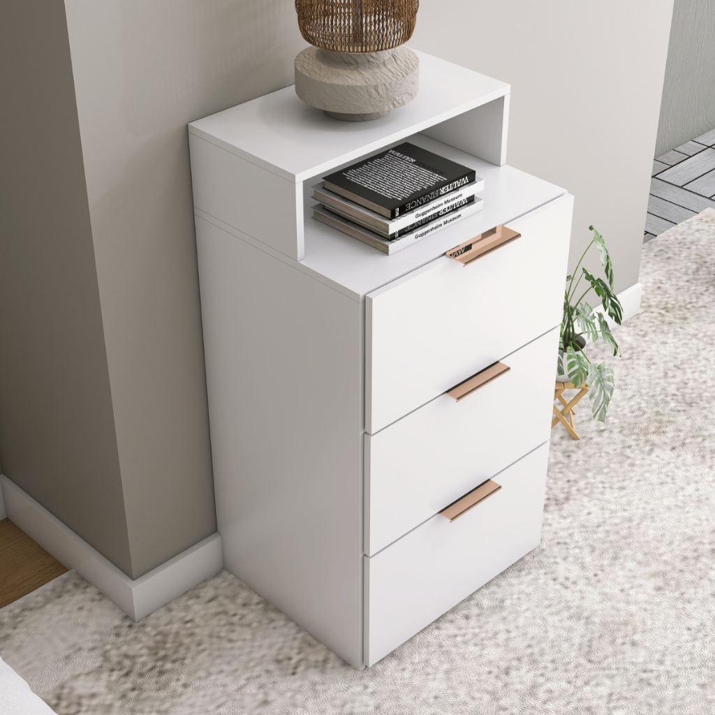 Gaveteiro 3 Gavetas Organizador Criado Mudo Quarto Com Nicho Na Cor Branco