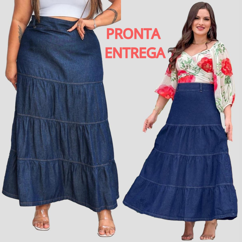 Saia Jeans Longa feminina plus size cintura Alta moda evangélica cristã ...
