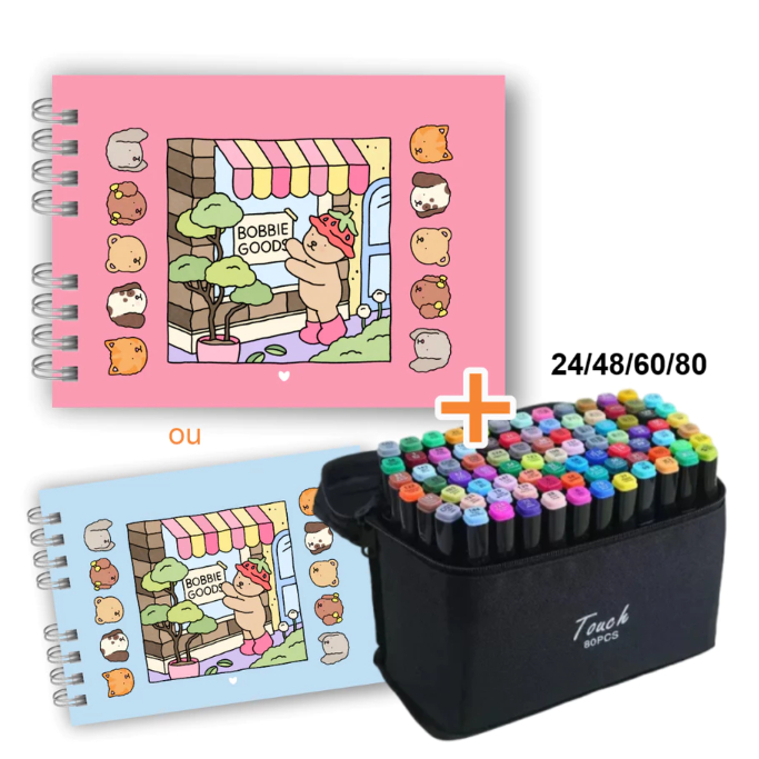 Kit Livro de Colorir BOBBIE GOODS Capa Dura 50 Folhas Caderno de Desenho Pintura + Caneta Touch Ponta Dupla