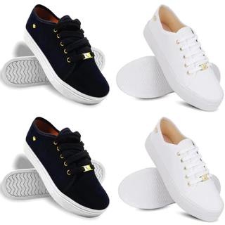 Kit 2 Tênis Feminino Ping Coração Branco Preto Confortável Casual Slip On