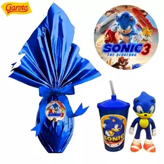 Kit Ovo de Pascoa Sonic 250 Gramas + 2 Brindes Exclusivos Copo Personalizados + Boneco Sonic Filme 3