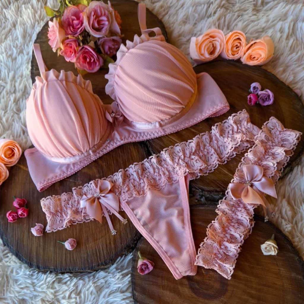 Conjunto Sujetador y Braga Sensual Hilo Dental con Liga para Pierna Lencería