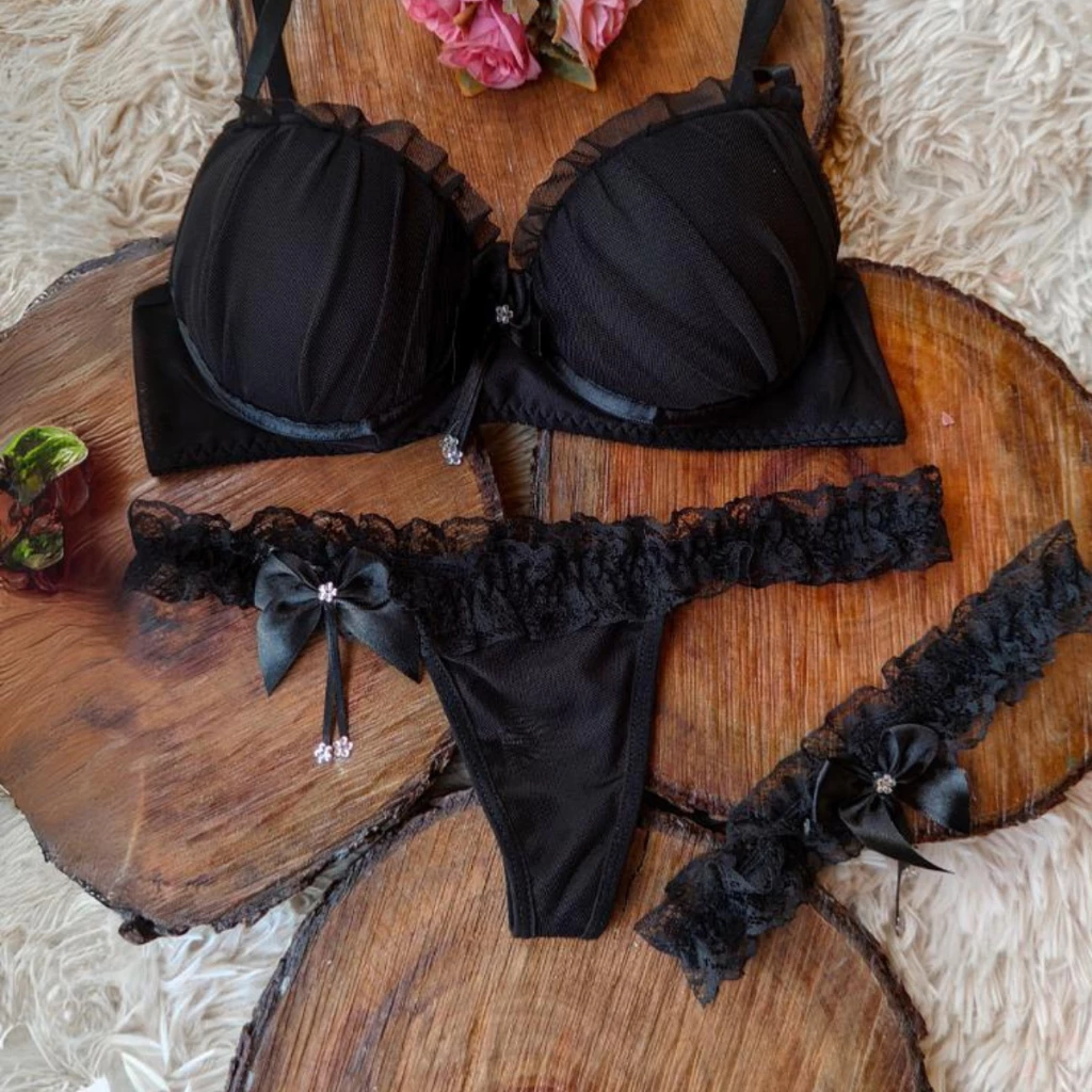 Conjunto Sujetador y Braga Sensual Hilo Dental con Liga para Pierna Lencería