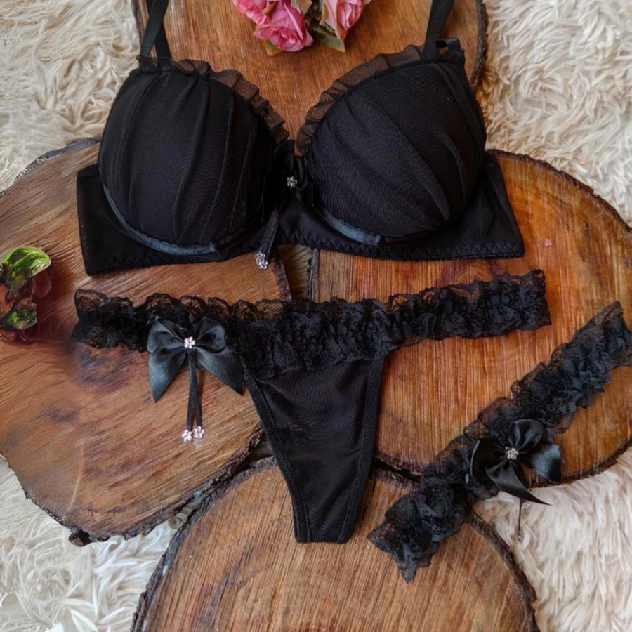 Conjunto Sujetador y Braga Sensual Hilo Dental con Liga para Pierna Lencería