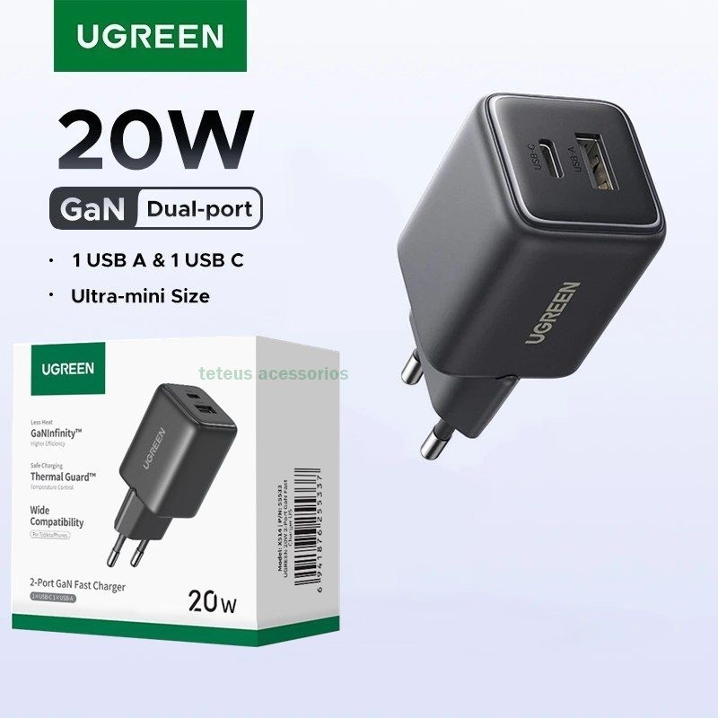 UGREEN 20W GaN Carregador Original Premium Ugreen 20w Pd3.0 Qc3.0 Duas Portas Carga Rápida USB-C iPhone Android