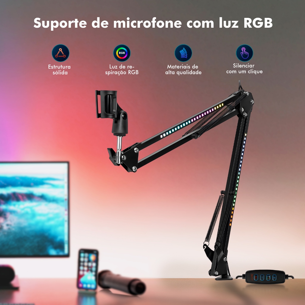 Suporte para Microfone com Braço Articulado e Iluminação RGB Ajustável - Ideal para Streaming, Games e Estúdio