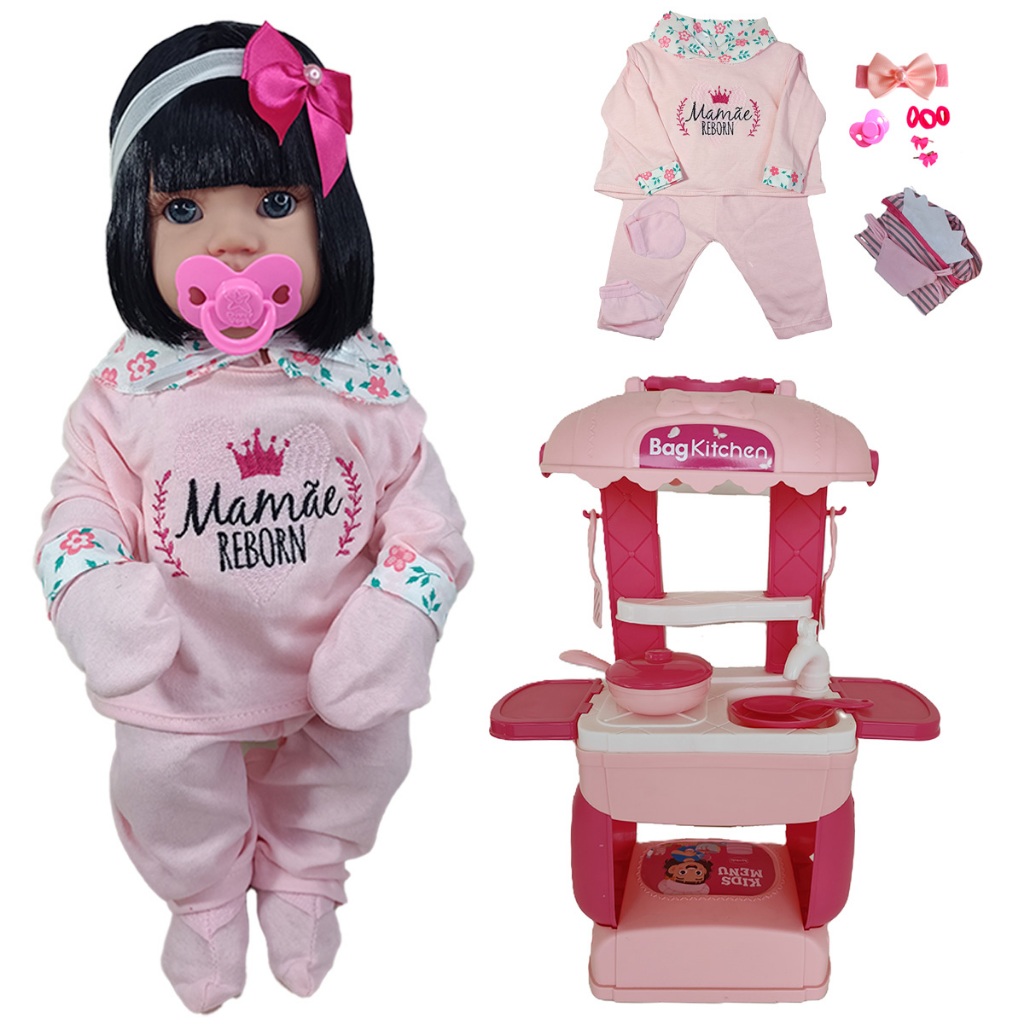 KIT Boneca Bebê Morena Mamãe Reborn 45cm + Mini Cozinha | Shopee Brasil