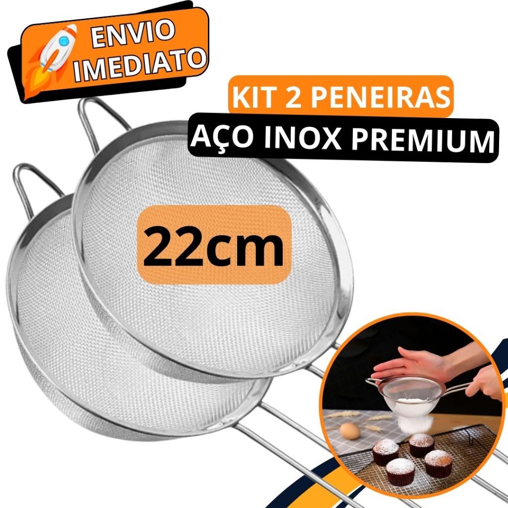 KIT Jogo 2 Peneira Coador Aço Inox 22cm de Cozinha para Casa