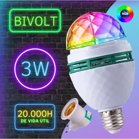 Lâmpada LED RGB Giratória E27 Luz Colorida Festa Balada 360° Bivolt Econômica Alta Intensidade Decorativa | Shopee Brasil