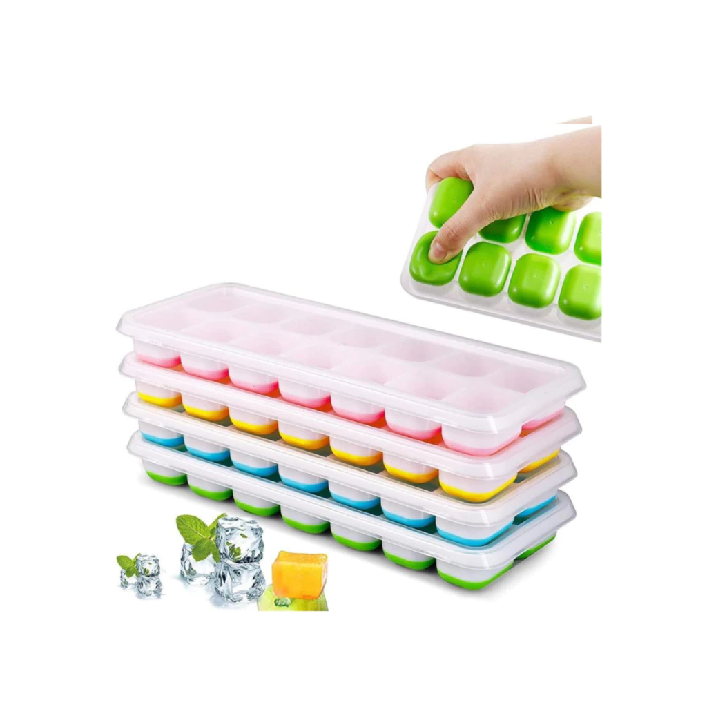 Kit 4 Unidades Forminha Com Tampa Gelo Flexivel Fundo Silicone 14 Cubos Alimentos Frutas 