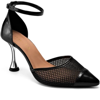 Scarpin Feminino Lumiss Bico Fino Aberto Salto Alto Fino Tela