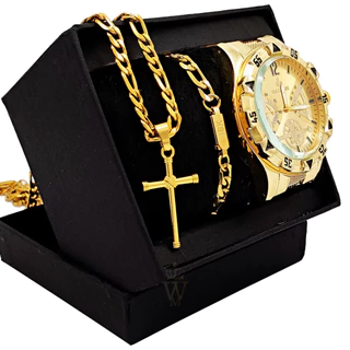 Relógio Masculino Dourado Original Barato + Corrente Masculina Pulseira e Pingente