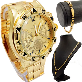 Relógio Masculino Dourado Original Barato + Corrente Masculina Pulseira e Pingente