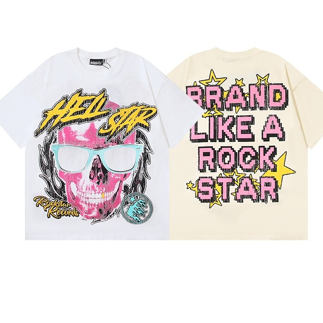 Camiseta Caveira Rosa Hellstar Brand Like A Rock Star Mechao High ...
