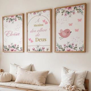 Kit Quadro Decorativo COM OU SEM MOLDURA 3 peças com nome personalizado frase bíblica flores e passarinho borboleta