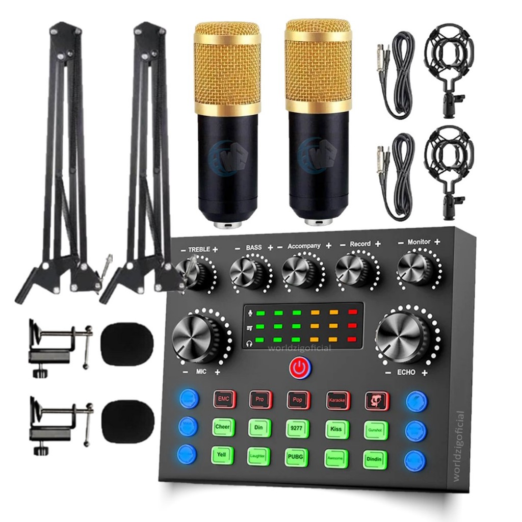 Kit Live Podcast Mini Mixer V8S + 02 Microfones Condensadores com Braço ...