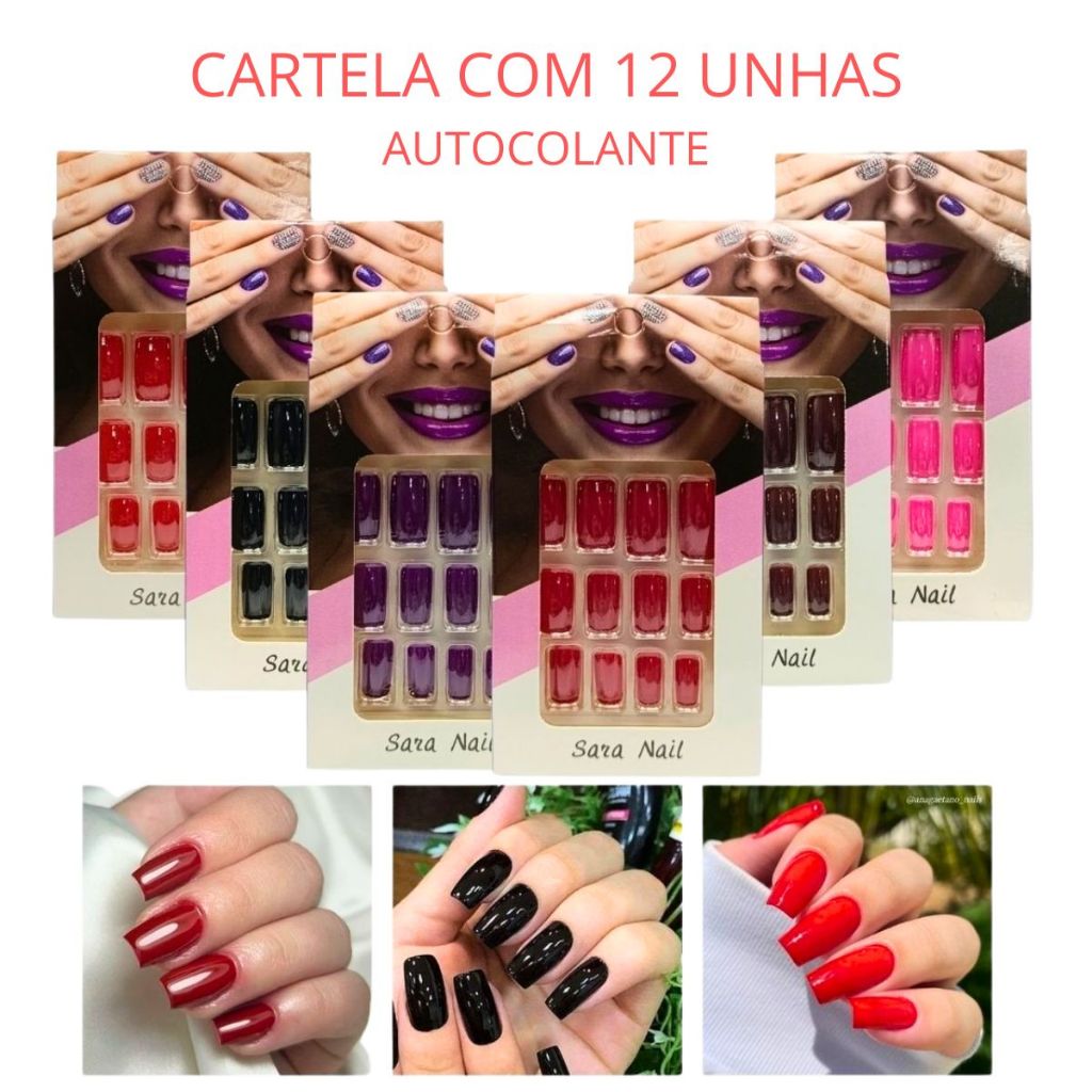 Unhas Postiças Média Adesiva c/ Cola Autocolante 12 Unidades | Shopee ...