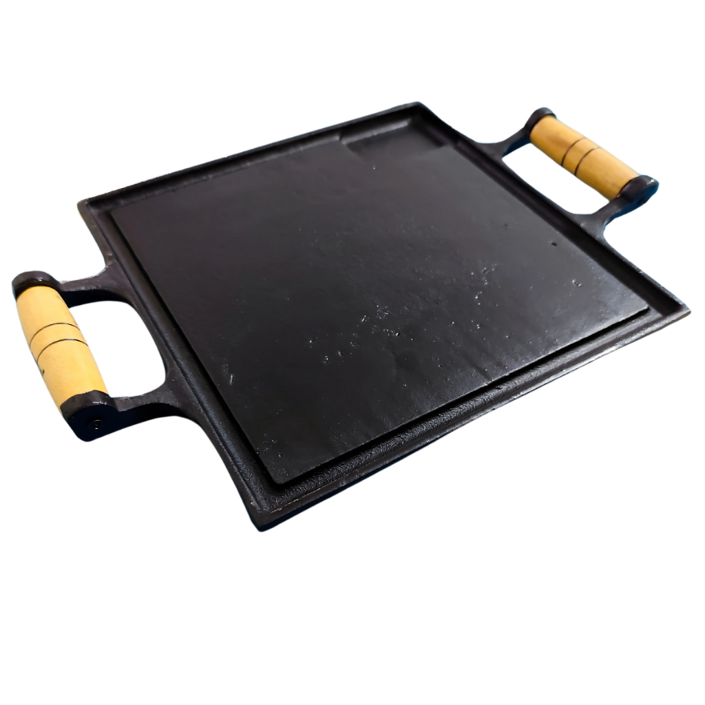 Chapa bifeteira Lisa 25x25 Ferro Fundido Com Alças de Madeir