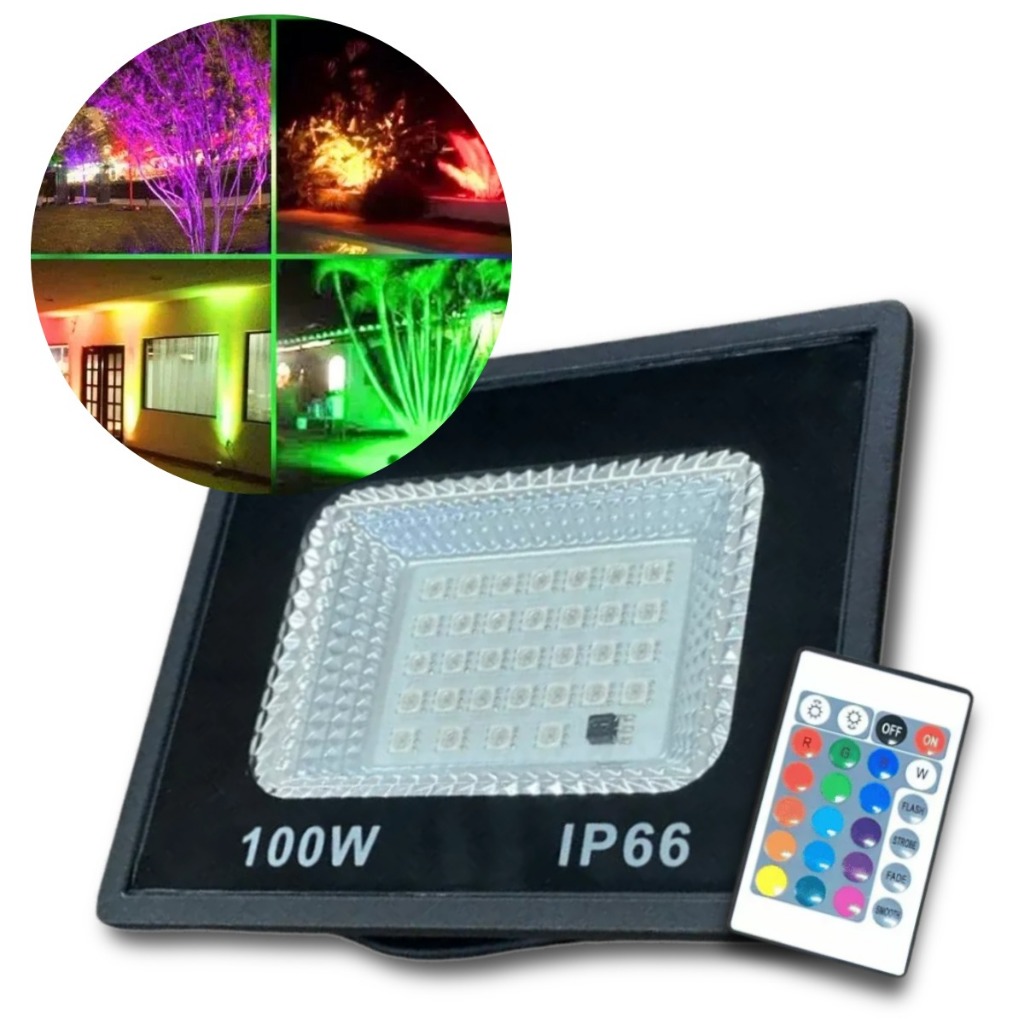 Refletor LED RGB 100W 16 Cores com Controle Iluminação Externa Eventos ...