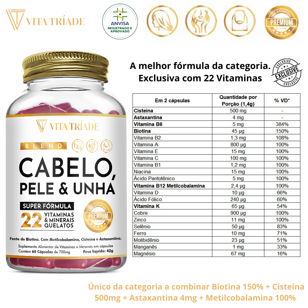 Vitamina para Cabelo Pele e Unha 60-240 Cápsulas - Suplemento com 22 ...