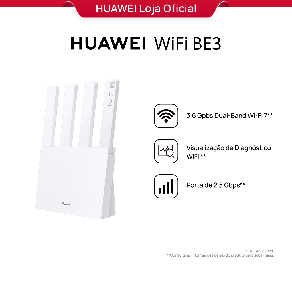 Roteador HUAWEI WiFi BE3 Wi-fi 7 Huawei Be3600 2,4 GHz e 5 GHz Com 4 Antenas 3600 Mbps Wireless Bivolt