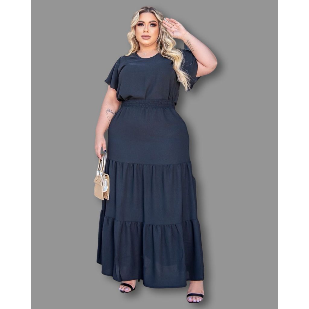 Conjunto feminino liso saia longa e blusa gola redonda plus size ...