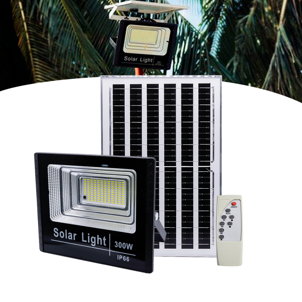 Refletor Solar Led Holofote 300w Placa Bateria Prova D'água Preto Luz Branco Frio