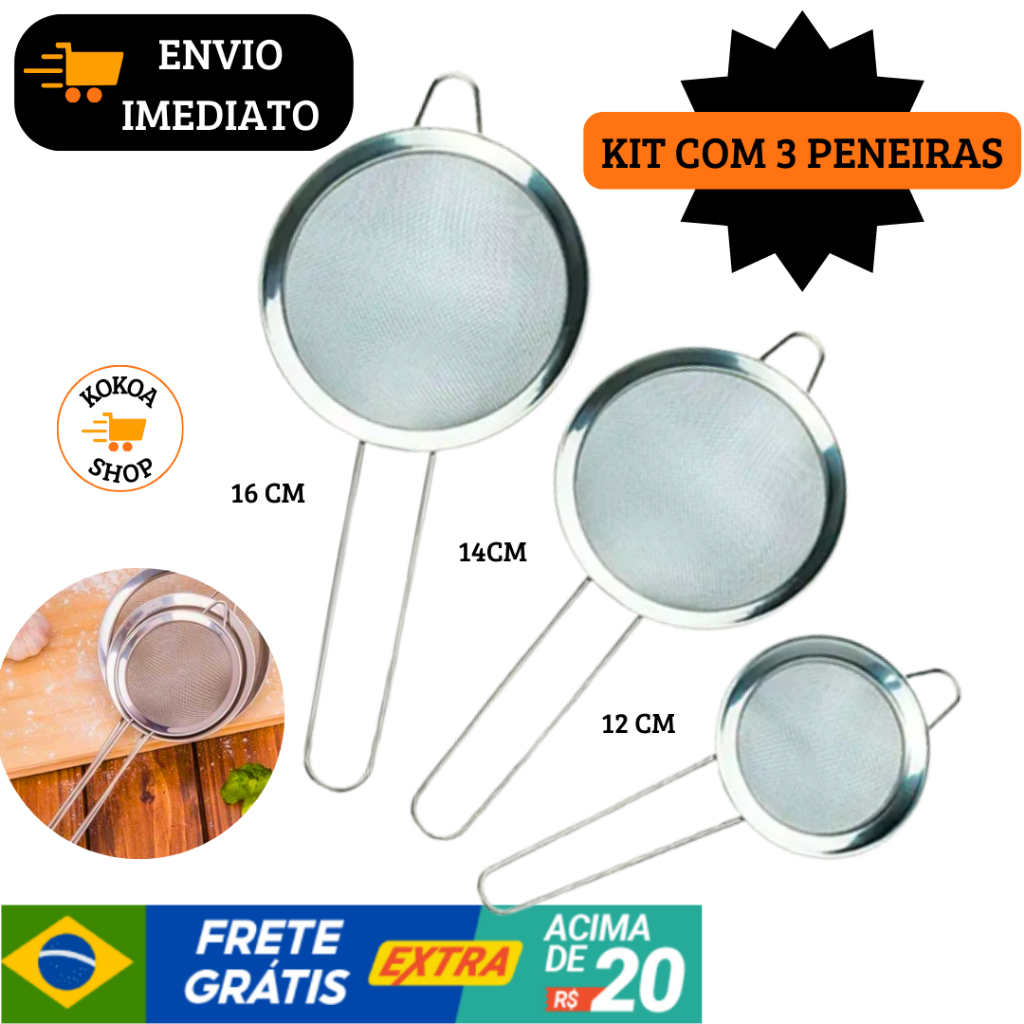 Kit 2 Peneiras Aço Inox 12 cm Coar Peneirar Peneira de Cozinha Coador ...