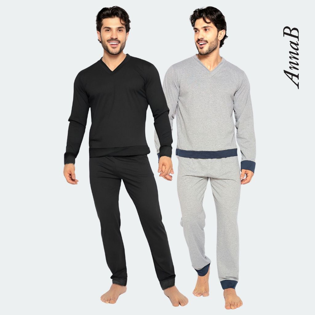 Pijama Masculino de Algodão Kit 2 Conjunto de Inverno Manga Longa em Oferta na Shopee