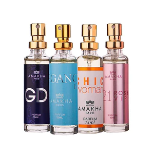 Kit Best Sellers Feminino: GD + Elegance Light Blue + Chic Woman + 521 Vip Rosé | Perfumaria 15ml Amakha Paris