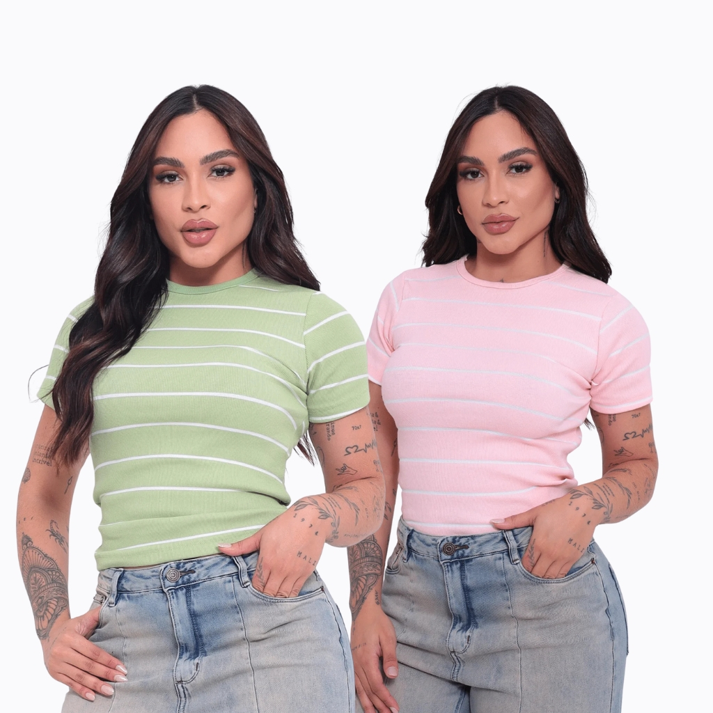 Kit 2 Camiseta Feminina Listrada Ribana Premium