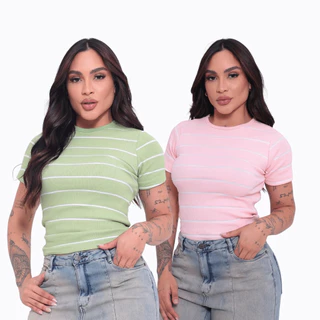 Kit 2 Camiseta Feminina Listrada Ribana Premium