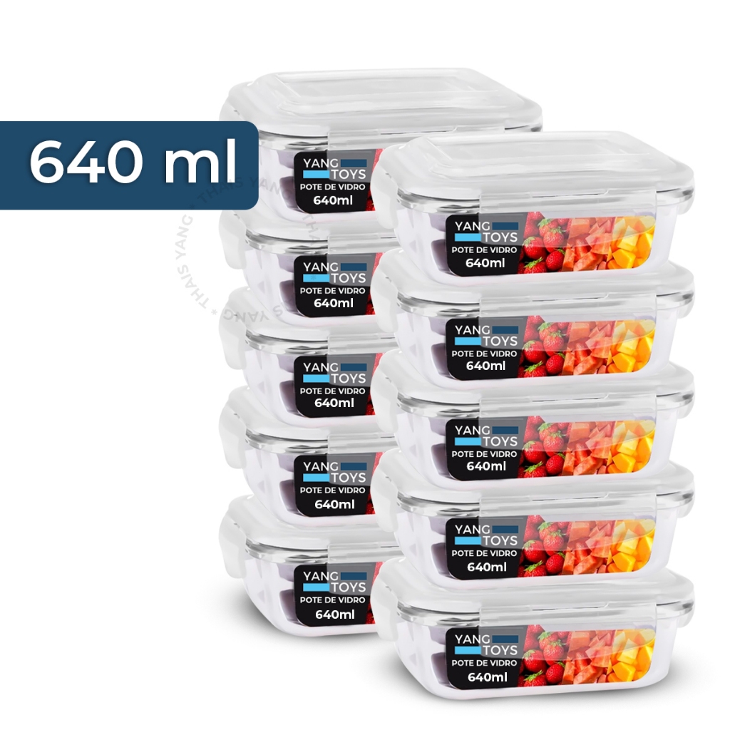 Conjunto 10 Potes 640ml Vidro Hermético 4 Travas Marmita Transparente Resistente - Premium