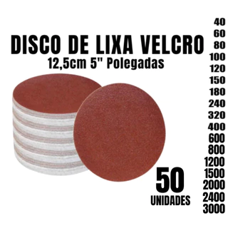 Kit 50 Disco Lixa Velcro 125mm Sem Furos Lixadeira Roto Orbital para Ferro Metal Madeira e Massa
