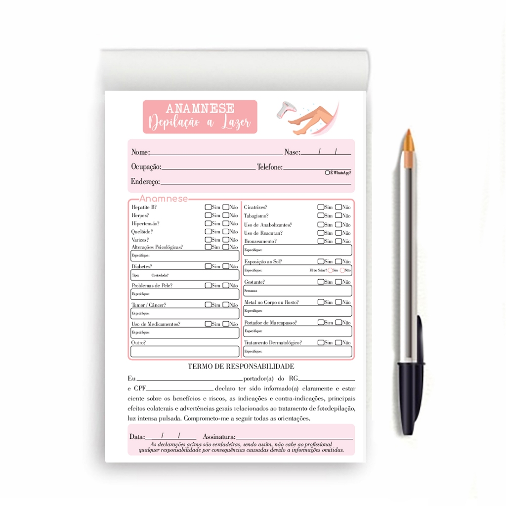 100 FOLHAS FICHA DE ANAMNESE DEPILAÇÃO A LASER EM BLOCO DESTACÁVEL